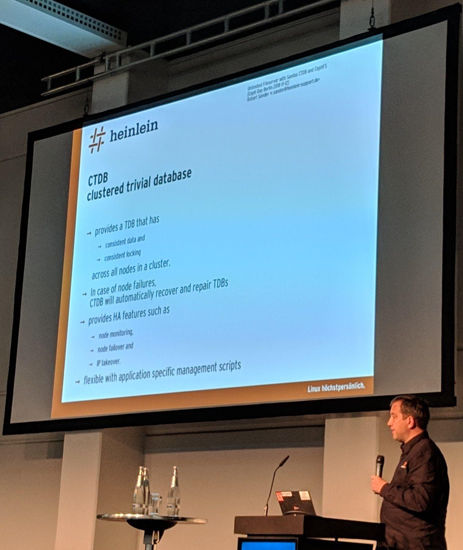 Ceph Day Berlin 2018 - Unlimited Fileserver with Samba CTDB and CephFS, Robert Sander, Heinlein Support - 'CTDB - clustered trivial database'