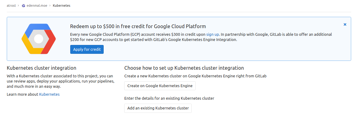 GitLab CI Kubernetes cluster - Create GKE cluster or add existing cluster page