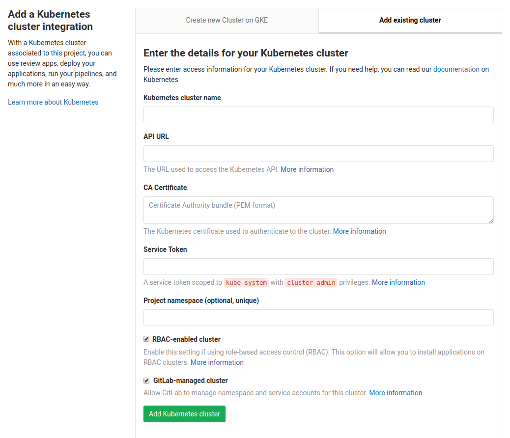 GitLab CI Kubernetes cluster - Add existing cluster form