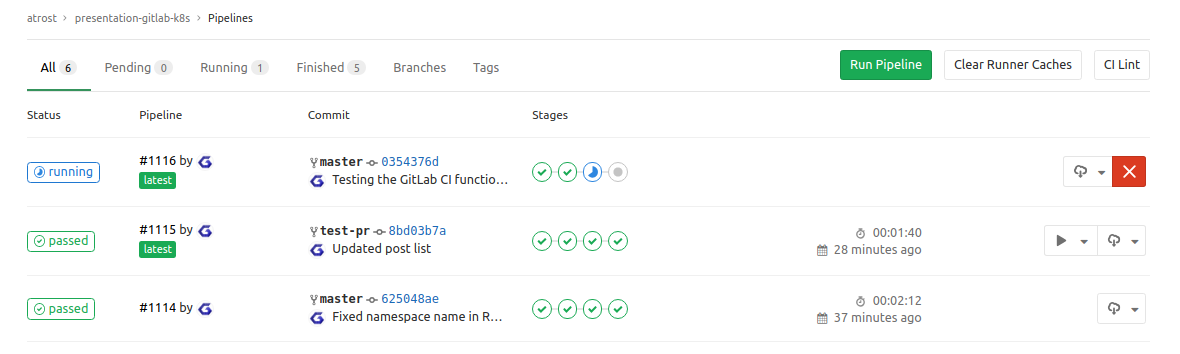 GitLab CI - Pipelines list