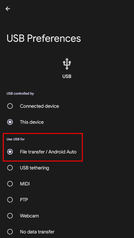 Android USB Mode Preferences